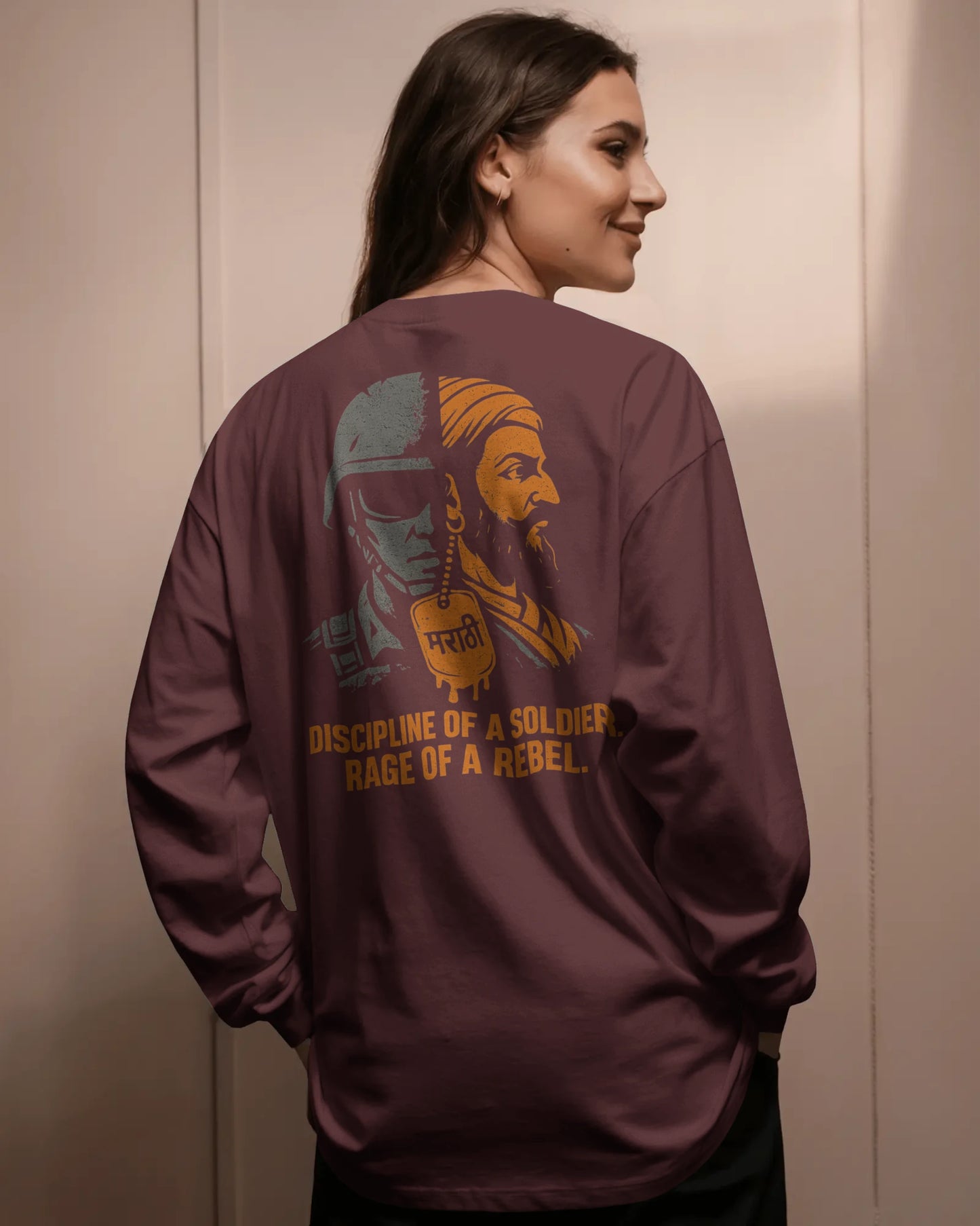 Discipline of a Soldier Rage of a Rebel graphic t shirt showing split design of modern Indian soldier and Maratha warrior with Marathi dog tag colour maroon_backview_women