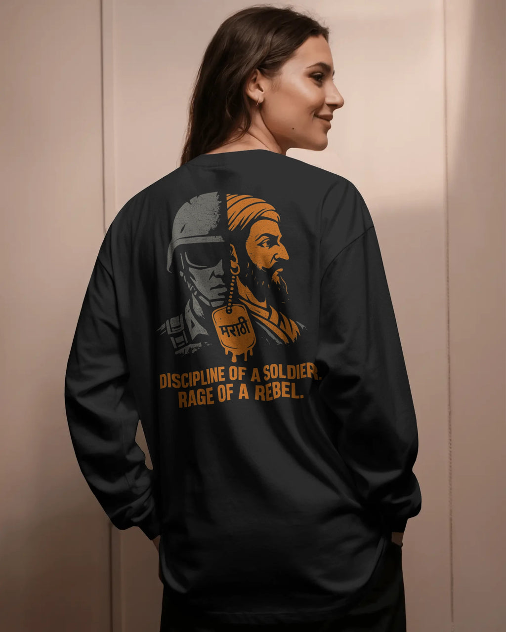 Discipline of a Soldier Rage of a Rebel graphic t shirt showing split design of modern Indian soldier and Maratha warrior with Marathi dog tag colour_black_backview_women