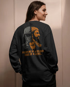 Discipline of a Soldier Rage of a Rebel graphic t shirt showing split design of modern Indian soldier and Maratha warrior with Marathi dog tag colour_black_backview_women