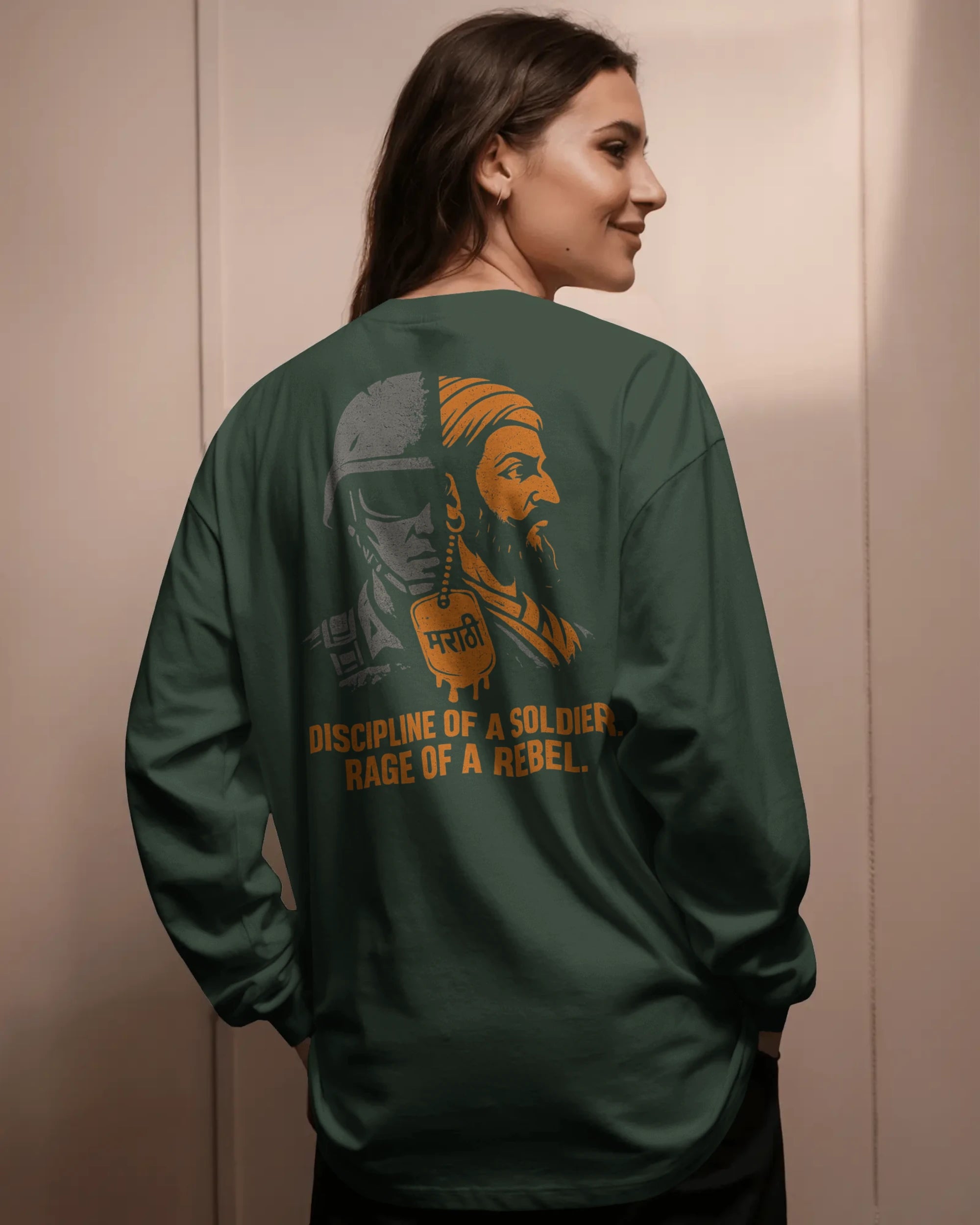 Discipline of a Soldier Rage of a Rebel graphic t shirt showing split design of modern Indian soldier and Maratha warrior with Marathi dog tag colour bottle green_backview_women