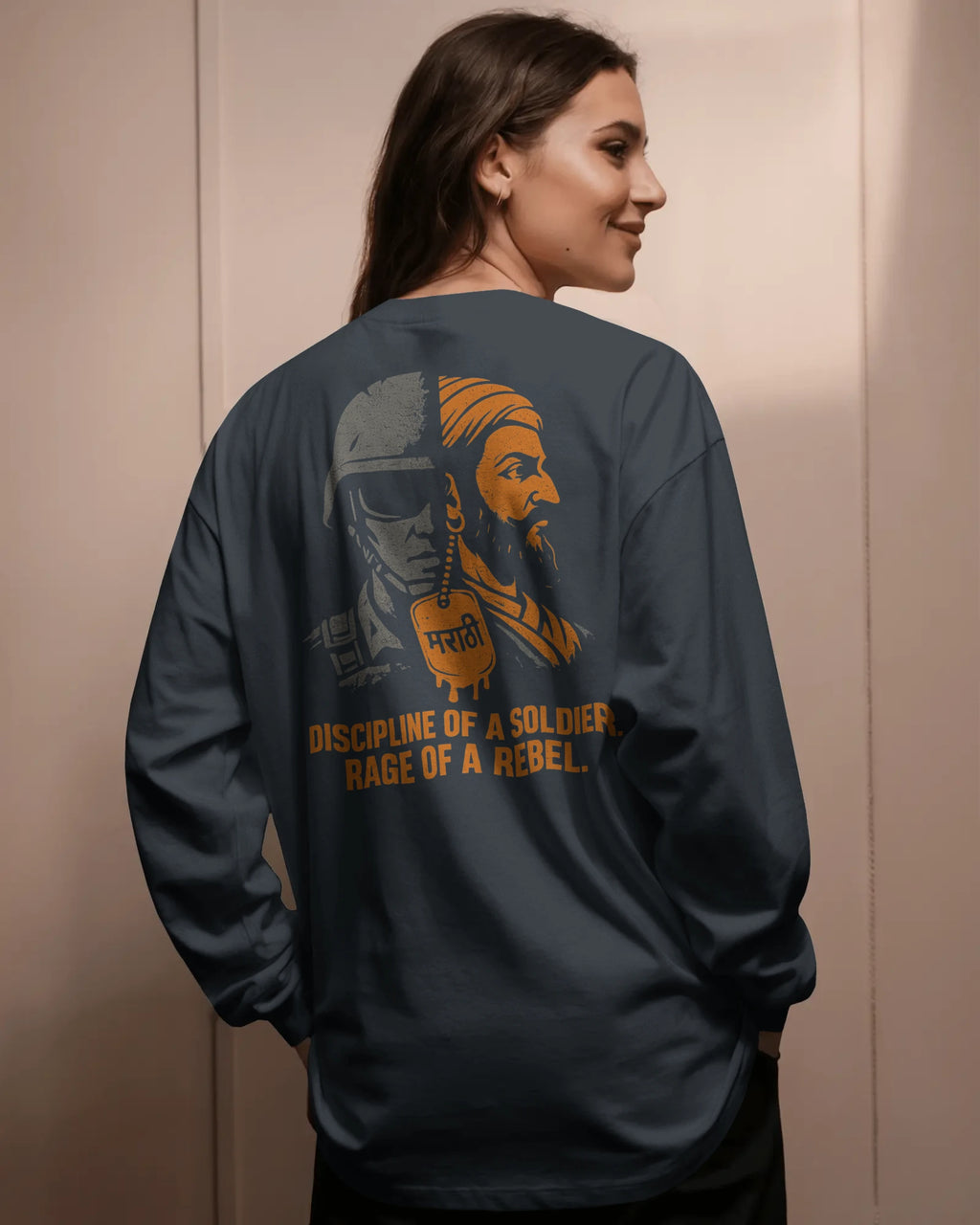 Discipline of a Soldier Rage of a Rebel graphic t shirt showing split design of modern Indian soldier and Maratha warrior with Marathi dog tag colour navyblue_backview_women
