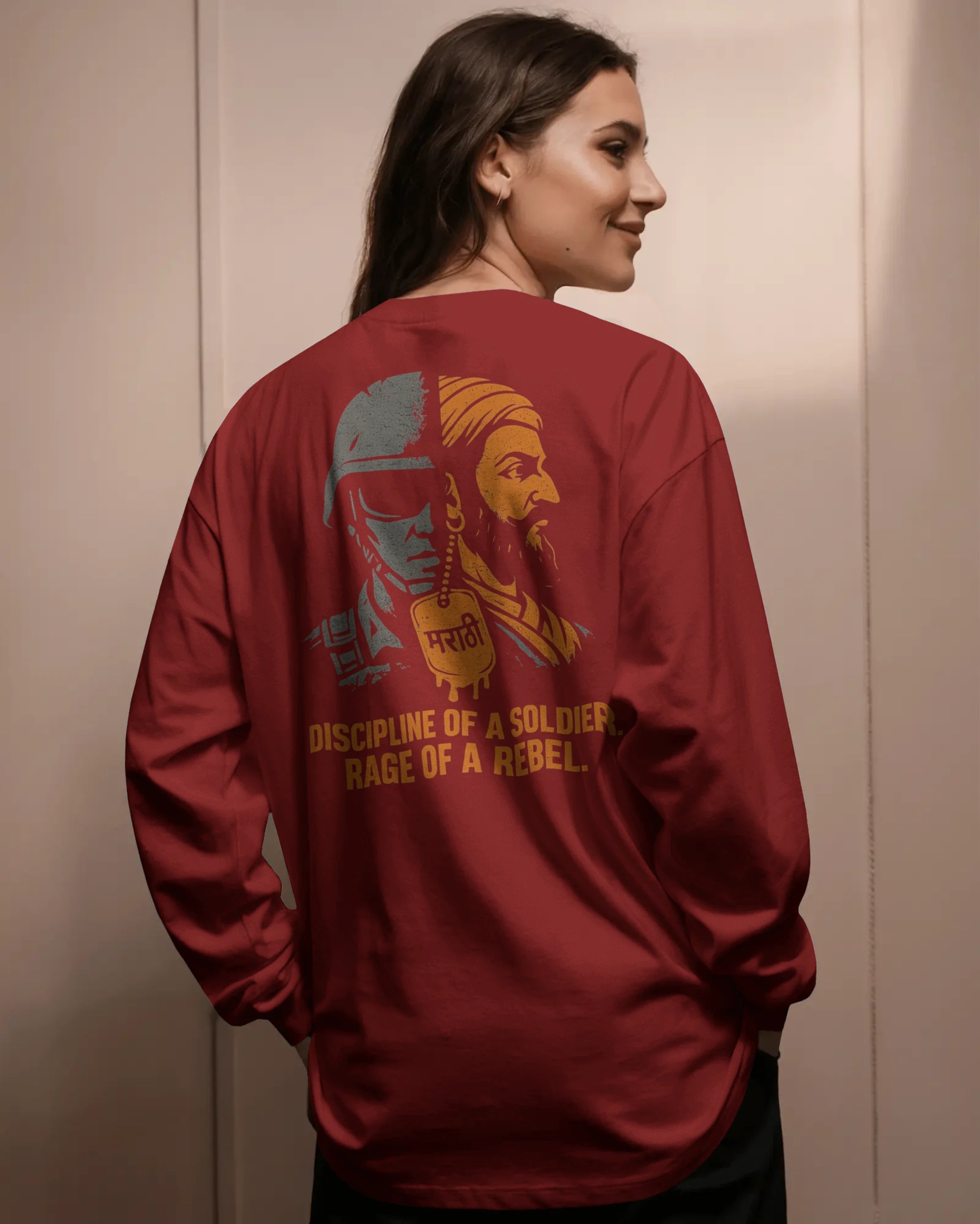 Discipline of a Soldier Rage of a Rebel graphic t shirt showing split design of modern Indian soldier and Maratha warrior with Marathi dog tag colour red_backview_women