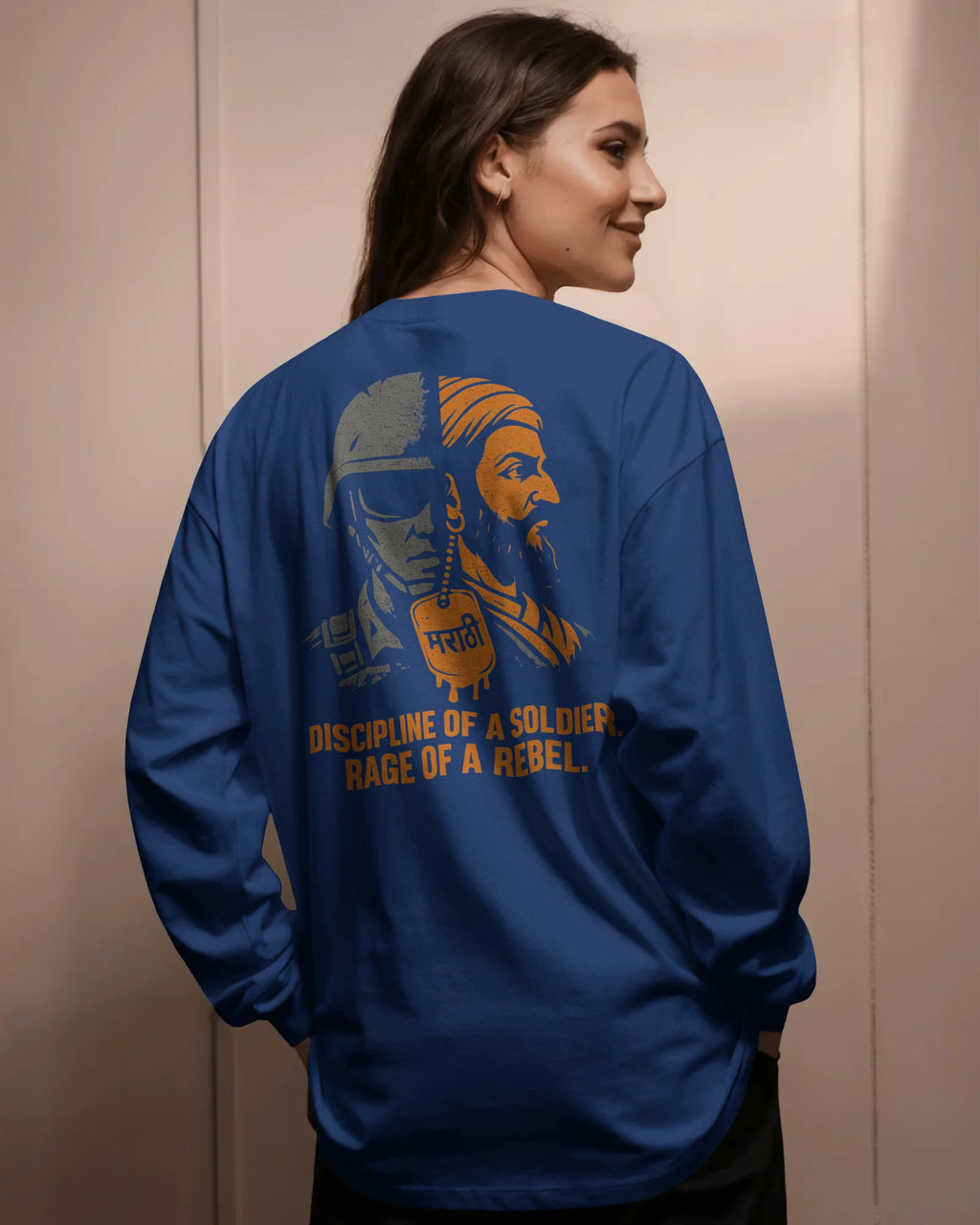 Discipline of a Soldier Rage of a Rebel graphic t shirt showing split design of modern Indian soldier and Maratha warrior with Marathi dog tag colour royalblue_backview_women
