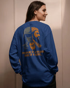 Discipline of a Soldier Rage of a Rebel graphic t shirt showing split design of modern Indian soldier and Maratha warrior with Marathi dog tag colour royalblue_backview_women