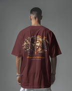 Asian model wearing BhaariGear Sahyadri Spirit Warrior oversized T-shirt, casual fit, front view, in a modern indoor setting.