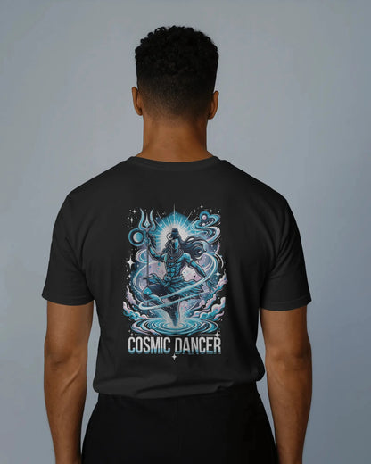 Person wearing a black t-shirt with 'Cosmic Dancer' design on the back against a gray background