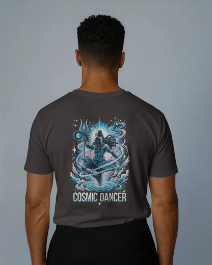 Person wearing a dark coffe brown t-shirt with 'Cosmic Dancer' design on the back against a plain background