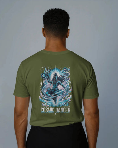 Person wearing a  olive green t-shirt with 'Cosmic Dancer' design on the back against a gray background