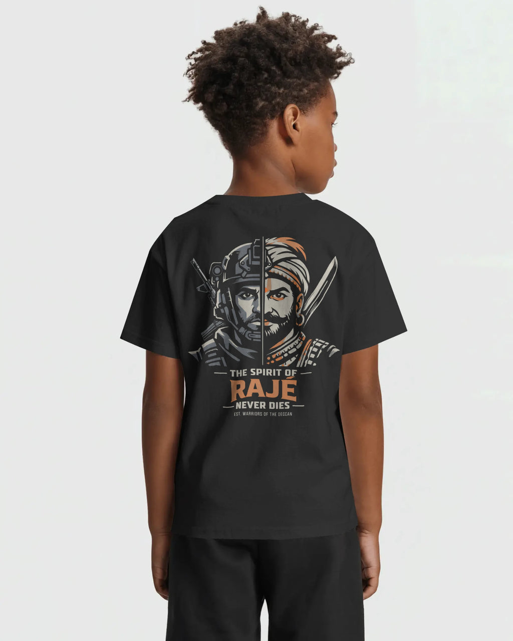 Black Spirit of Raje Kids T-Shirt by BhaariGear featuring warrior legacy design, shown from the back on a child.