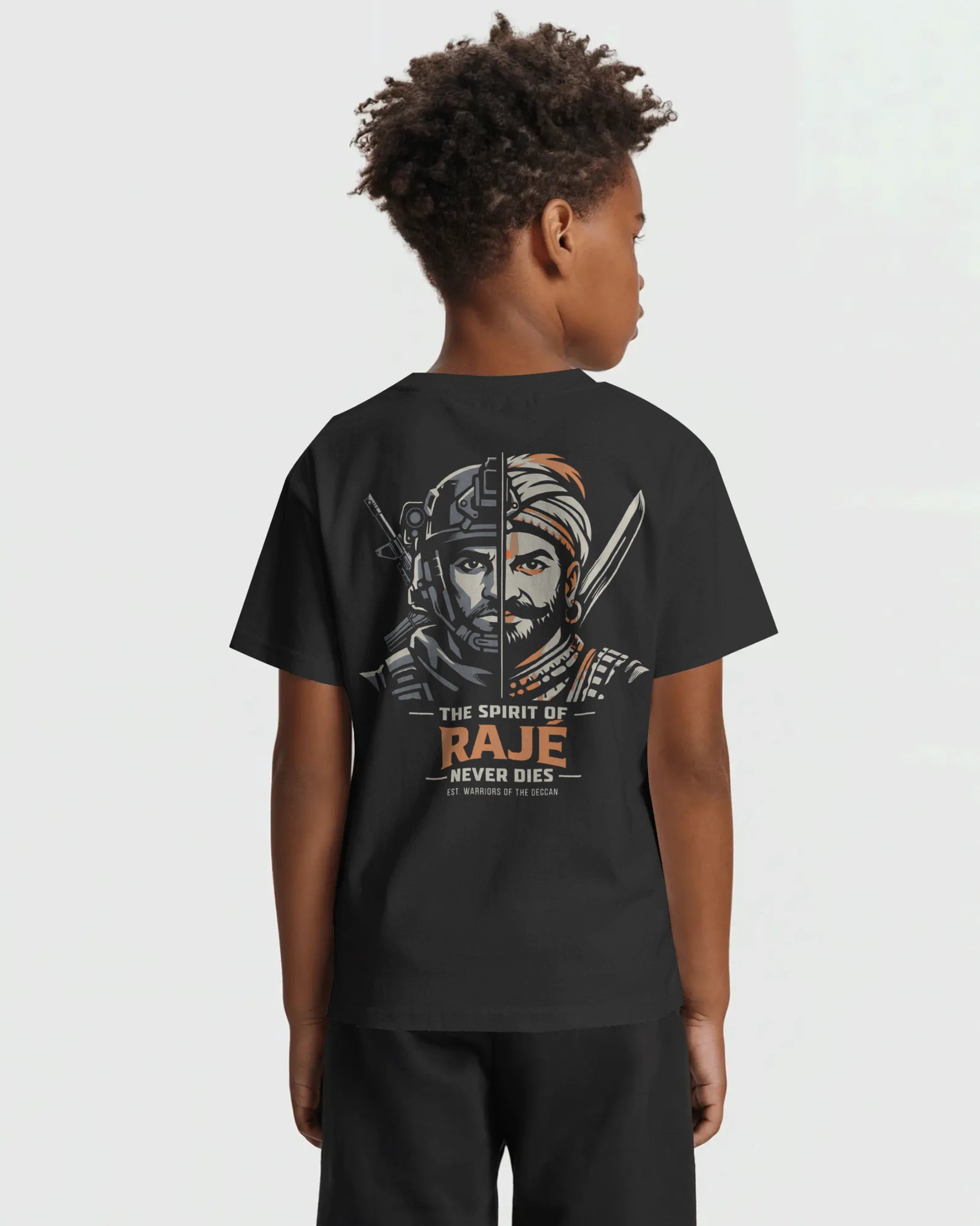 Black Spirit of Raje Kids T-Shirt by BhaariGear featuring warrior legacy design, shown from the back on a child.