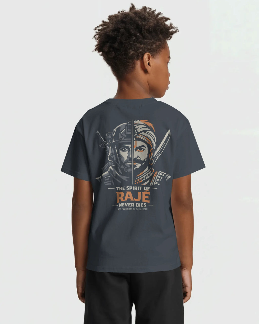 Navy blue Spirit of Raje kids T-shirt by BhaariGear featuring warrior legacy design on the back.