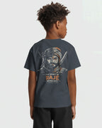 Navy blue Spirit of Raje kids T-shirt by BhaariGear featuring warrior legacy design on the back.