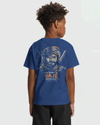 Royal blue kids' T-shirt featuring Spirit of Raje Warrior Legacy design by BhaariGear, shown from the back.