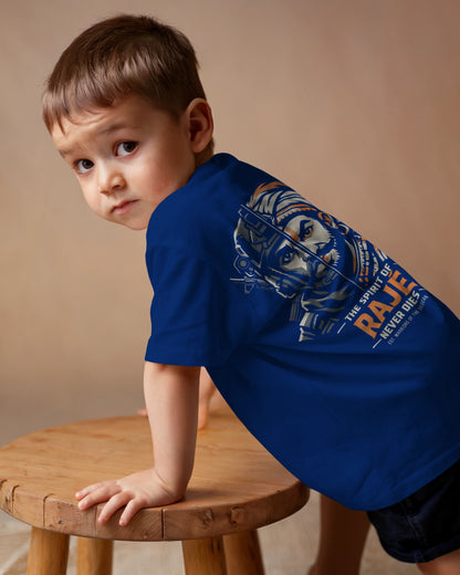 Royal blue Spirit of Raje Kids T-Shirt by BhaariGear featuring a warrior legacy design, back view of the children's casual t-shirt.