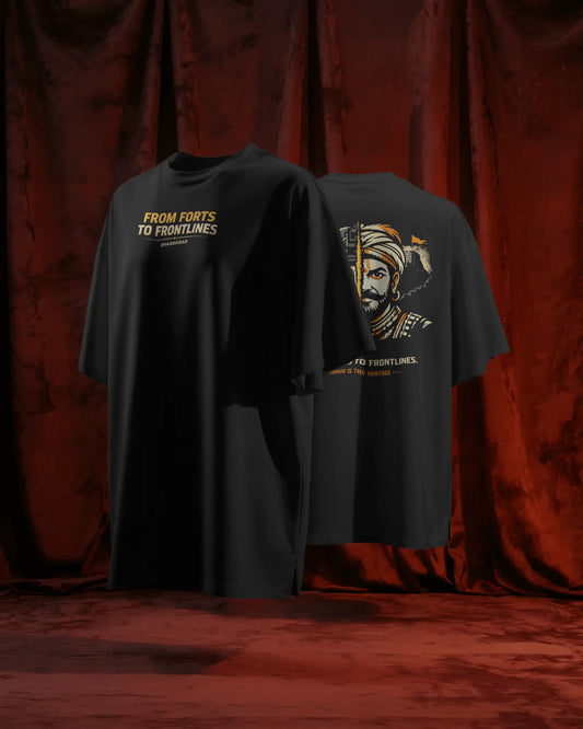 Maratha Warrior oversized streetwear T-shirt by BhaariGear, front and back view on a floating stand with rich red curtains.