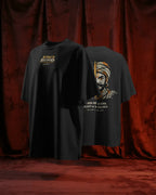 BhaariGear Kings Blood Legacy oversized graphic T-shirt displayed front and back on a stand against rich red curtains.