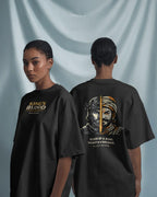 Black Kings Blood Legacy graphic oversized T-shirt by BhaariGear, shown from front and back on a female model.