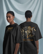 BhaariGear Sahyadri Spirit Warrior oversized T-shirt worn by female model, front and back views against soft fabric background.