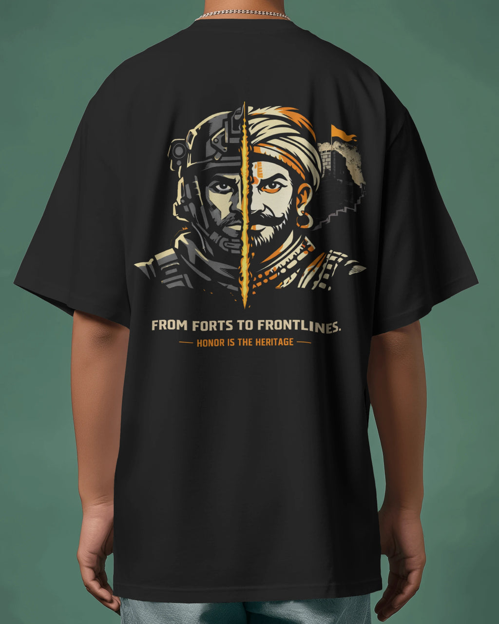 Black Oversize t-shirt with a graphic design on the back featuring two portraits and text.