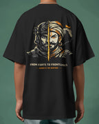 Black Oversize t-shirt with a graphic design on the back featuring two portraits and text.