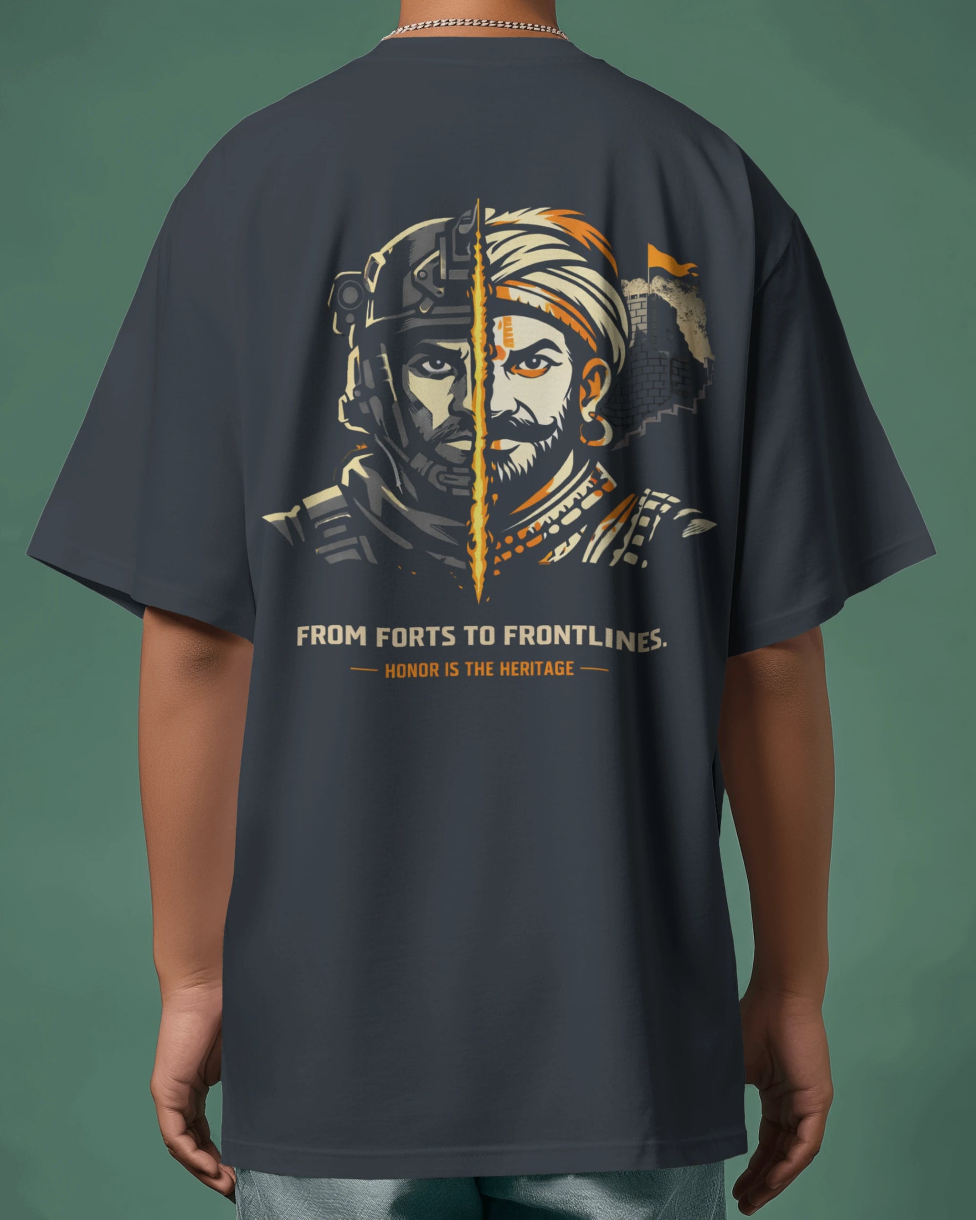 Oversize T-shirt with a graphic design on the back featuring two faces and text 