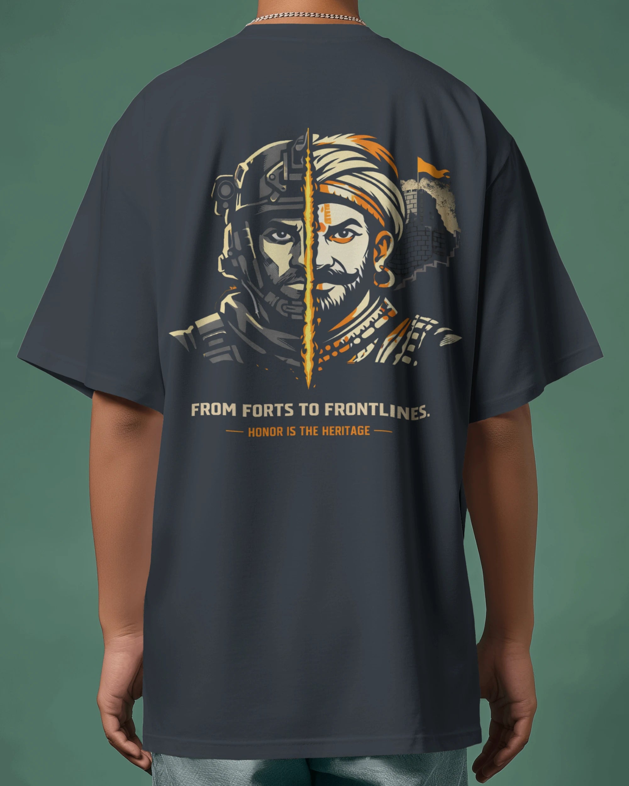 Oversize T-shirt with a graphic design on the back featuring two faces and text 