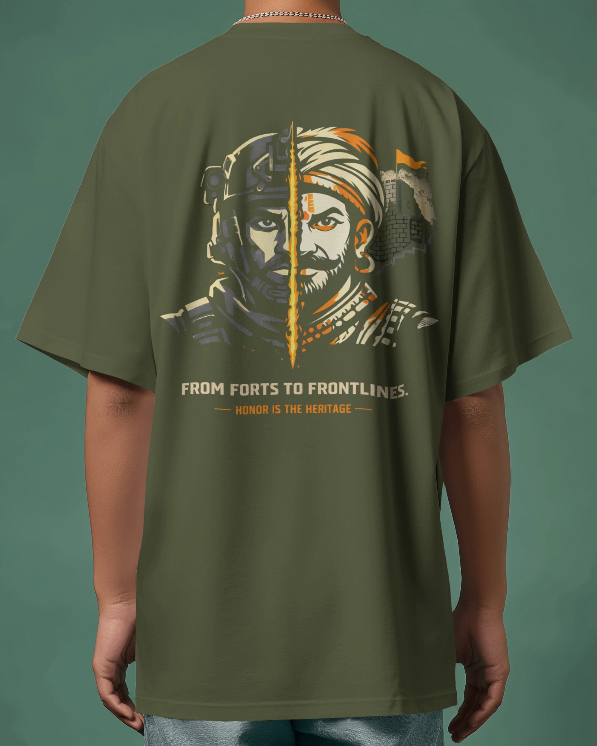 Olive Green Oversize t-shirt with a graphic design on the back featuring a split image of a warrior and text.