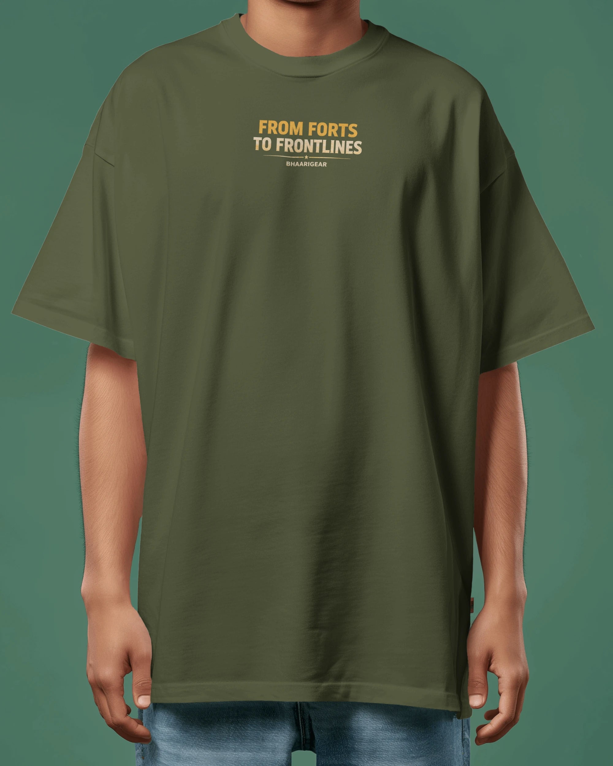 Olive green BhaariGear Maratha Warrior oversized streetwear T-shirt with front print, casual fit, and bold warrior graphic.