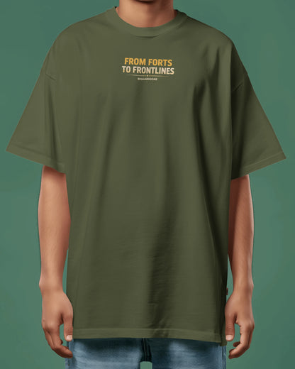 Olive green BhaariGear Maratha Warrior oversized streetwear T-shirt with front print, casual fit, and bold warrior graphic.
