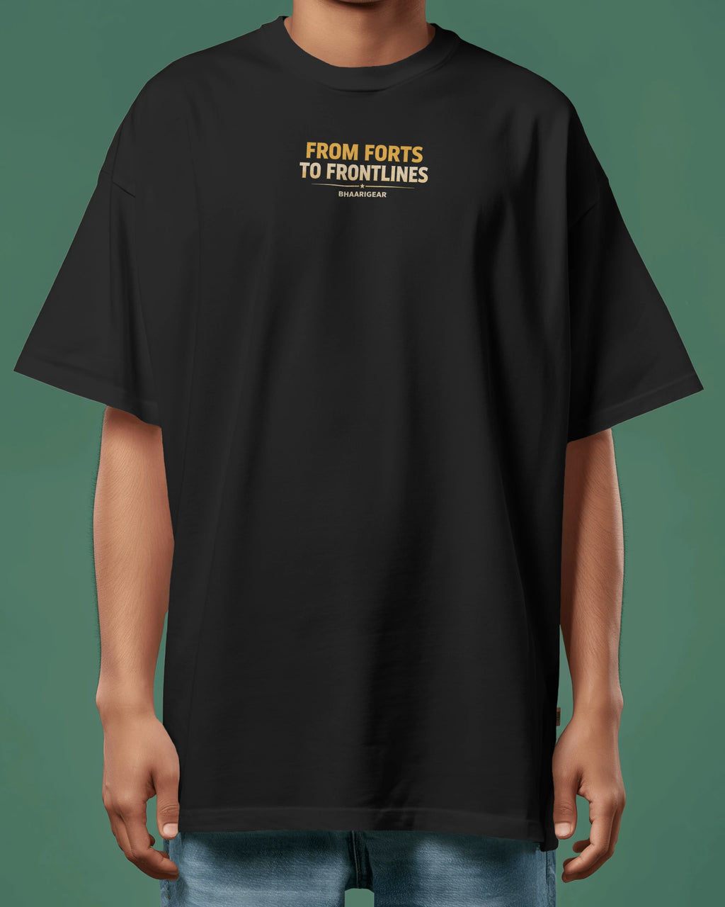 Black t-shirt with text 'From Forts to Frontlines' on a green background