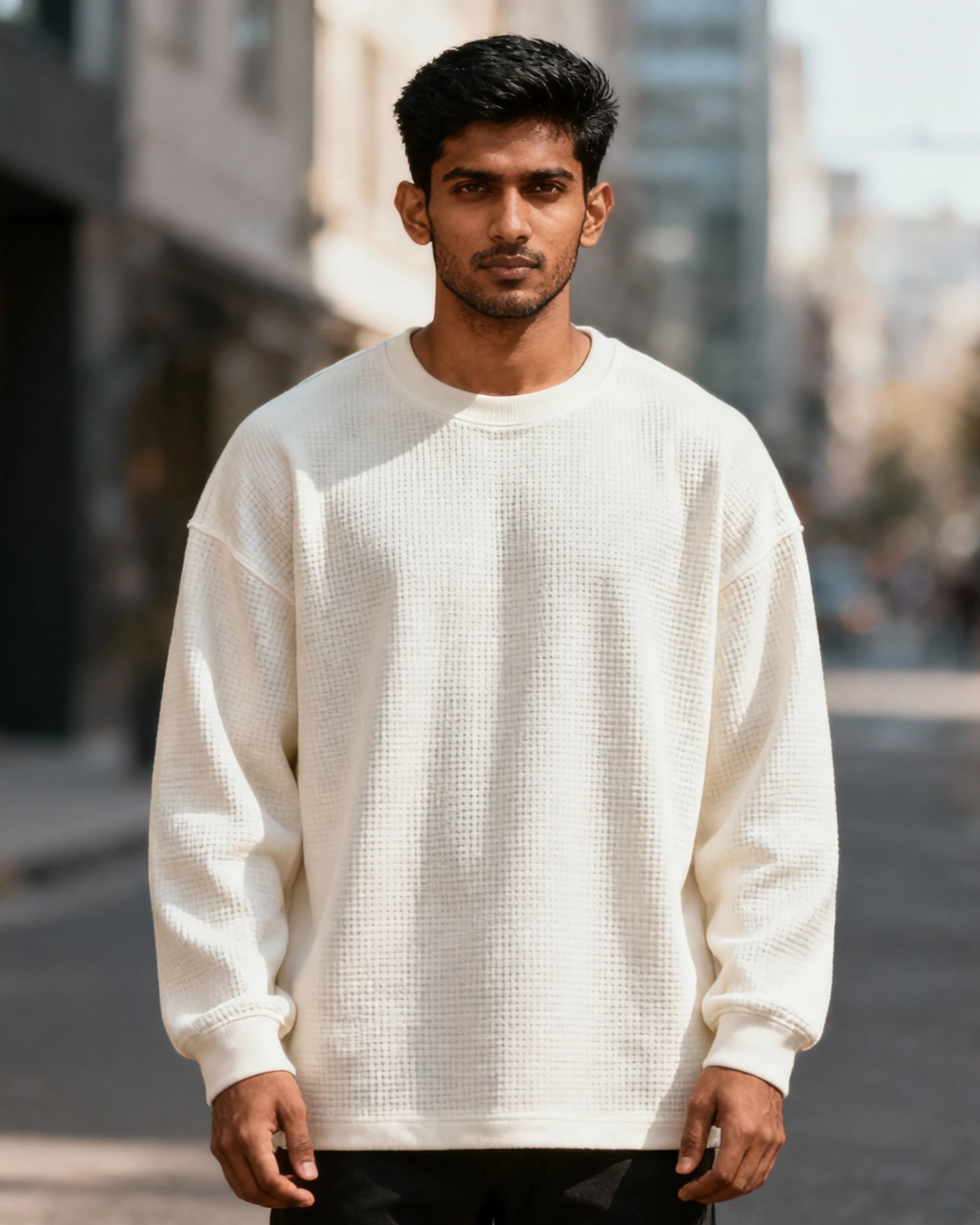 Man wearing a white sweater standing on a street with blurred background