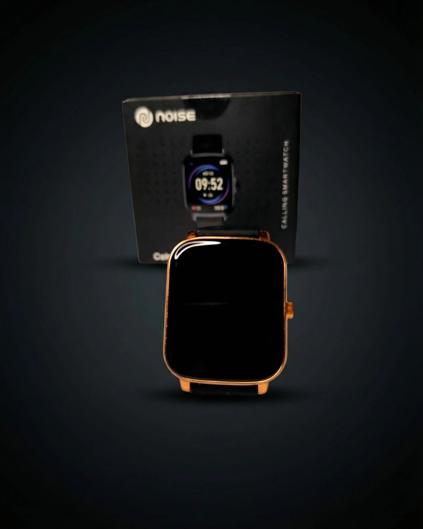 Black and gold Noise ColorFit Icon Buzz smartwatch with a digital display, featuring a sleek design and fitness tracking features.