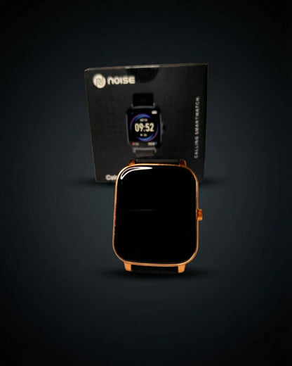 Black and gold Noise ColorFit Icon Buzz smartwatch with a digital display, featuring a sleek design and fitness tracking features.