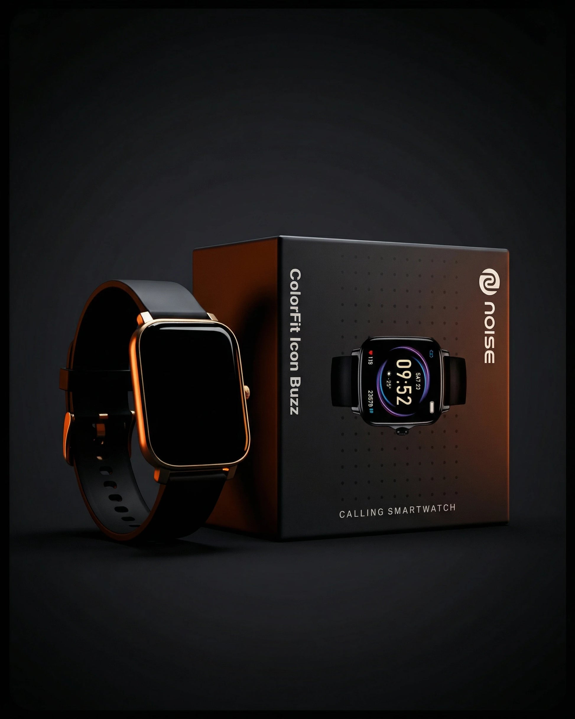 Black and gold Noise ColorFit Icon Buzz smartwatch by BhaariGear with a sleek digital display and fitness tracking features.