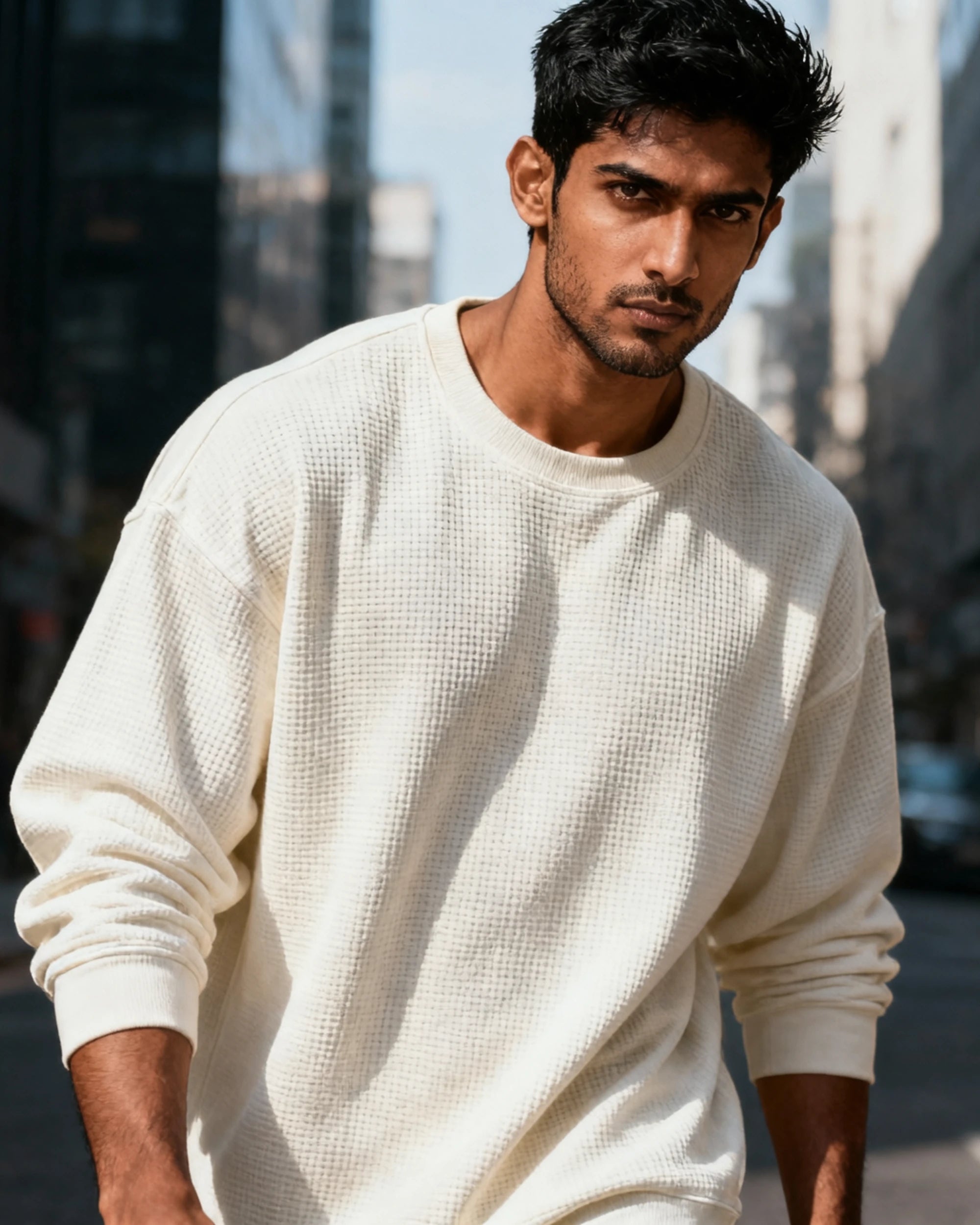 Man wearing a white sweater on a city street