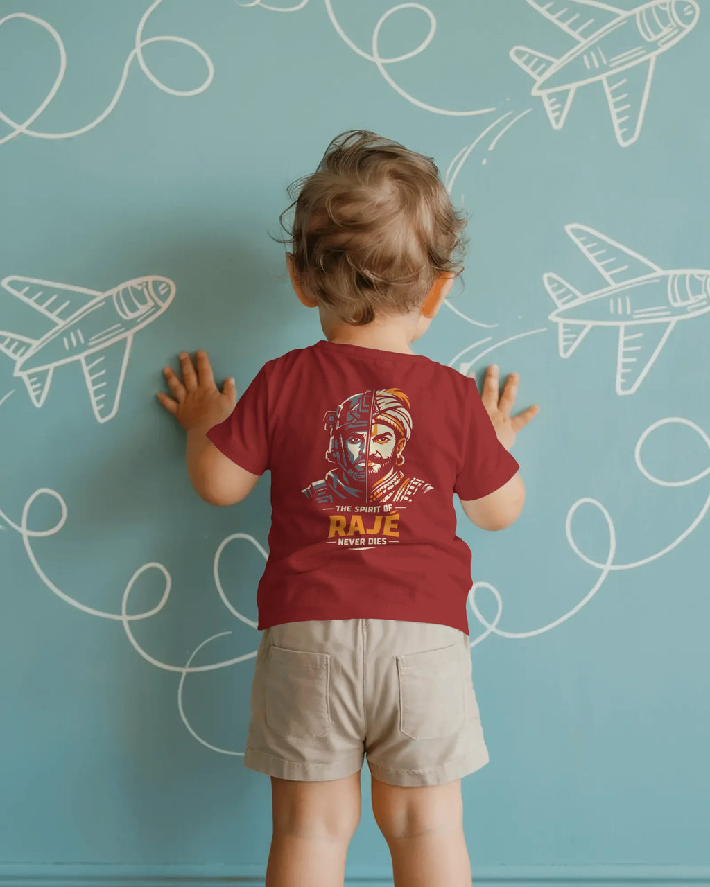 Red Spirit of Raje Girls T-shirt by BhaariGear featuring warrior legacy design, shown from the back.