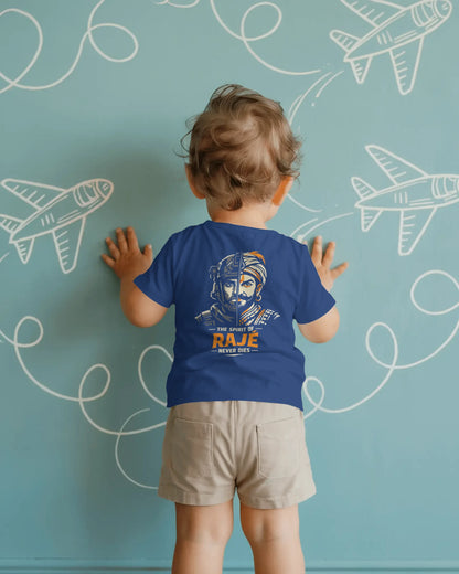 Back view of BhaariGear Spirit of Raje Girls T-Shirt with Warrior Legacy design in royal blue for kids.