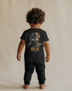 Back view of BhaariGear Spirit of Raje Girls T-Shirt featuring Warrior Legacy design in black for kids.
