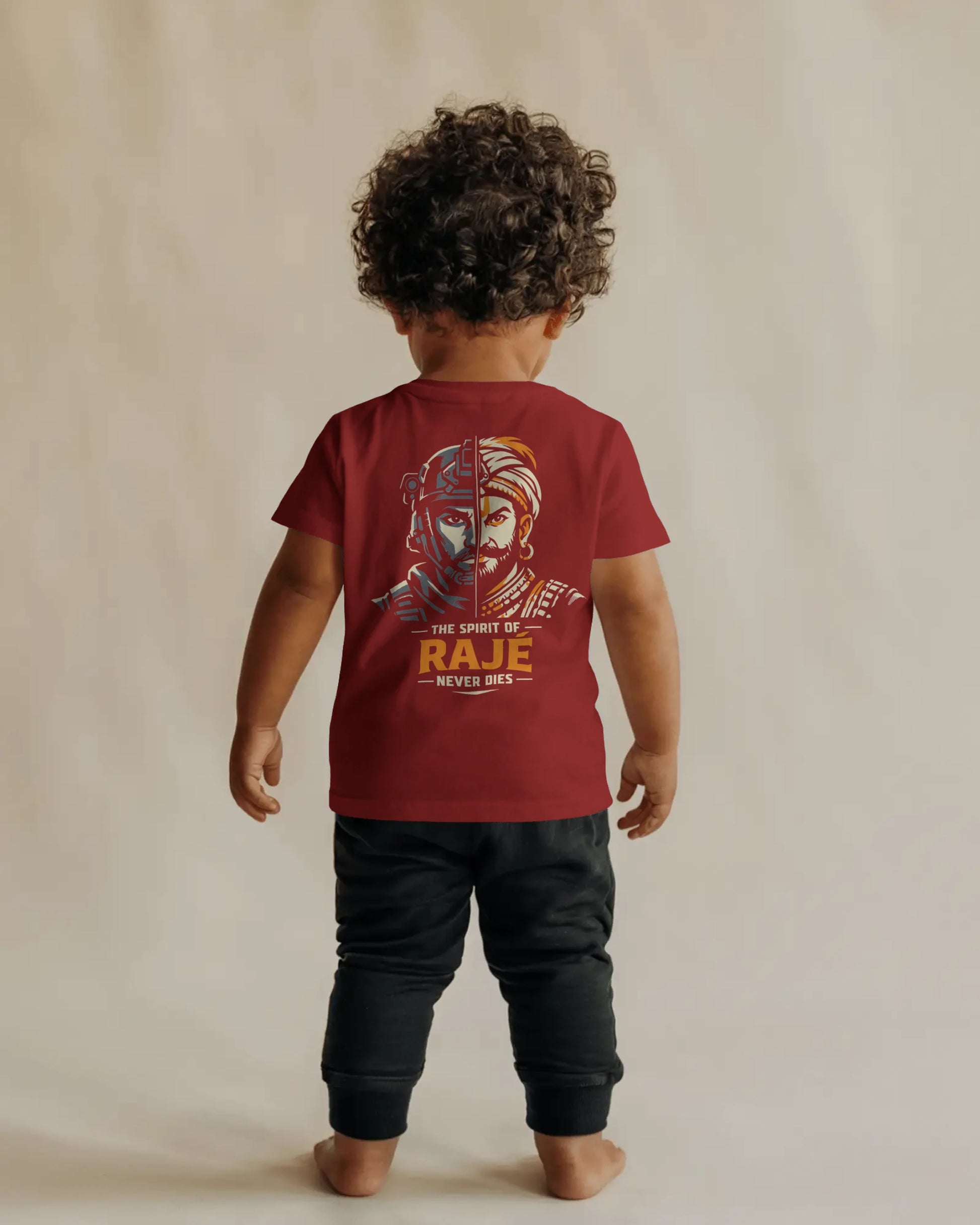 Back view of BhaariGear Spirit of Raje Girls T-Shirt featuring warrior legacy design in red for kids.