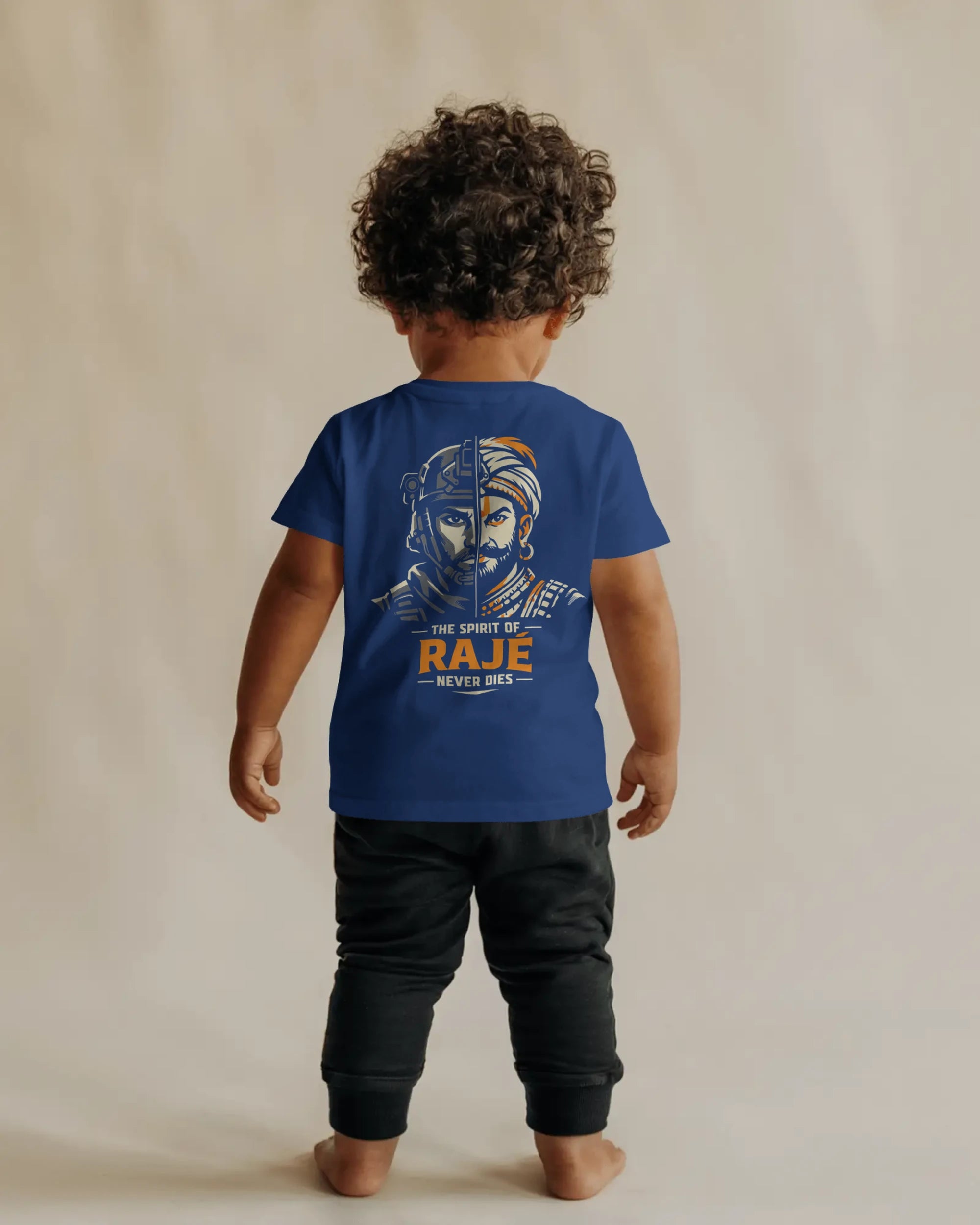 Back view of BhaariGear Spirit of Raje Girls T-Shirt with Warrior Legacy design in royal blue for kids.