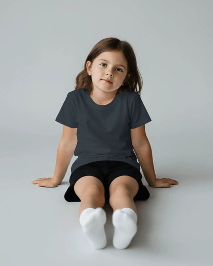 Navy blue girls' T-shirt featuring Spirit of Raje Warrior Legacy design by BhaariGear, front view showing bold graphic and comfortable fit.