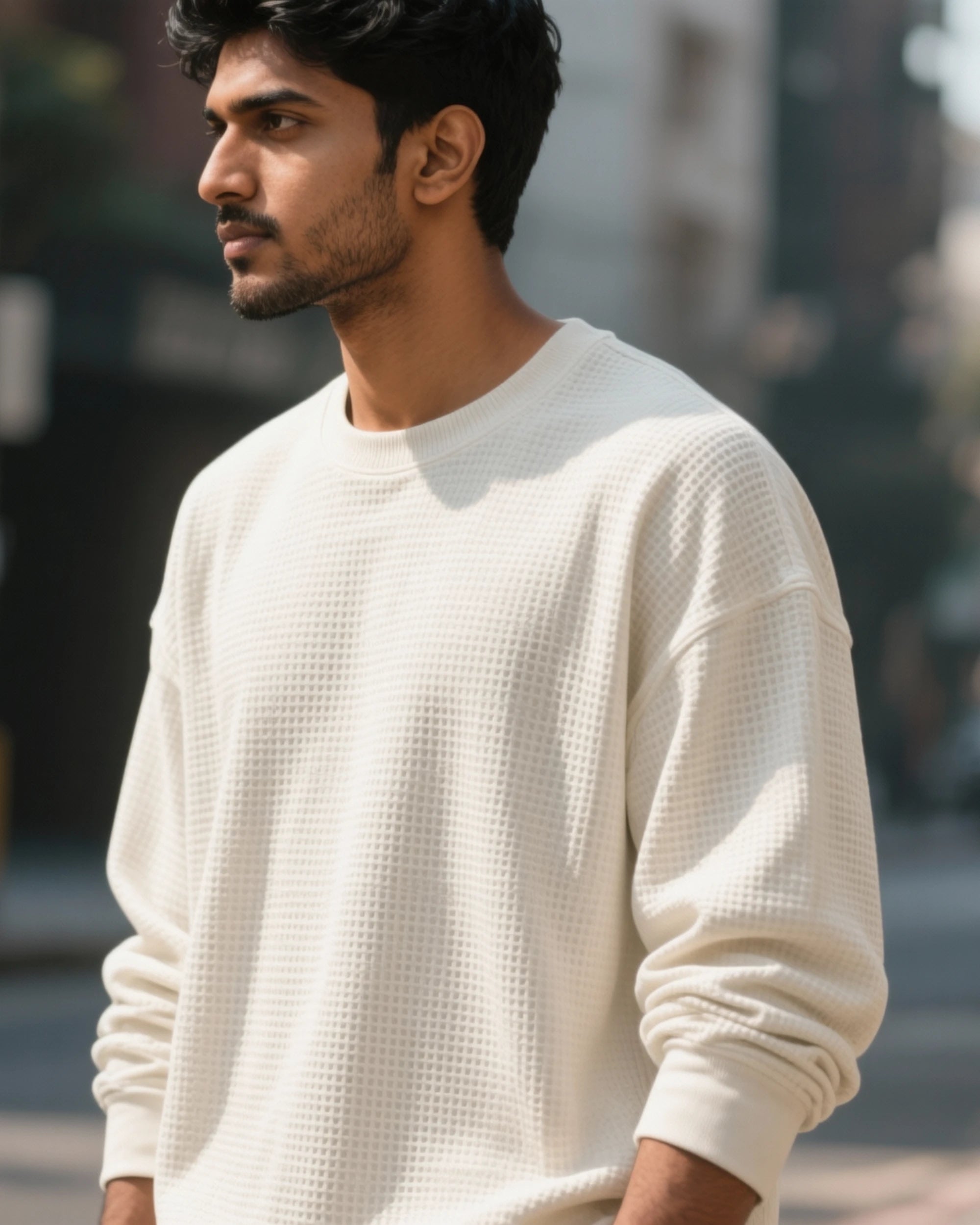 Man wearing a cream sweater standing outdoors with a blurred background