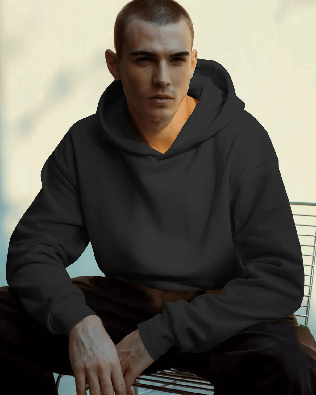 Man wearing a black pullover hoodie sitting on a bench with a blurred background